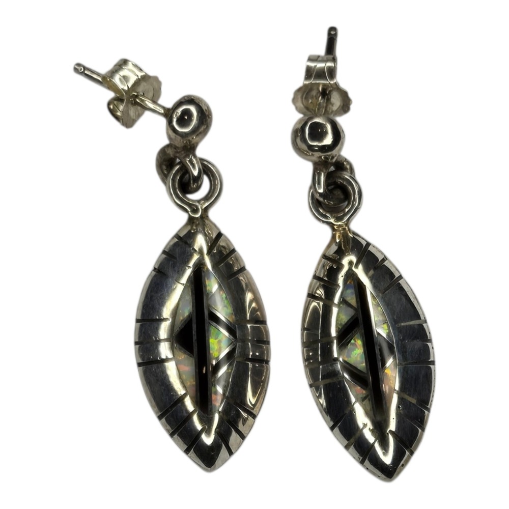 Vintage Dangle Earrings Sterling Silver 925 Opal Onyx Inlay Southwestern